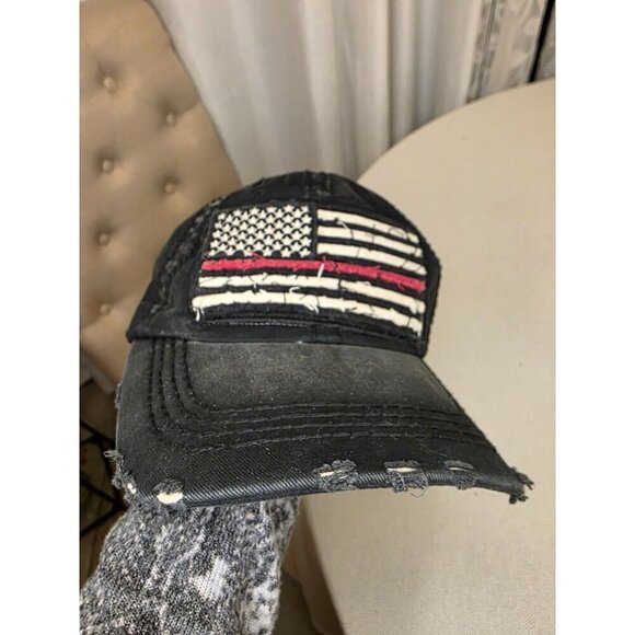 Distressed American Flag Black Hat With Thin Red Line - KBETHOS One Size 100% Co - Picture 7 of 11